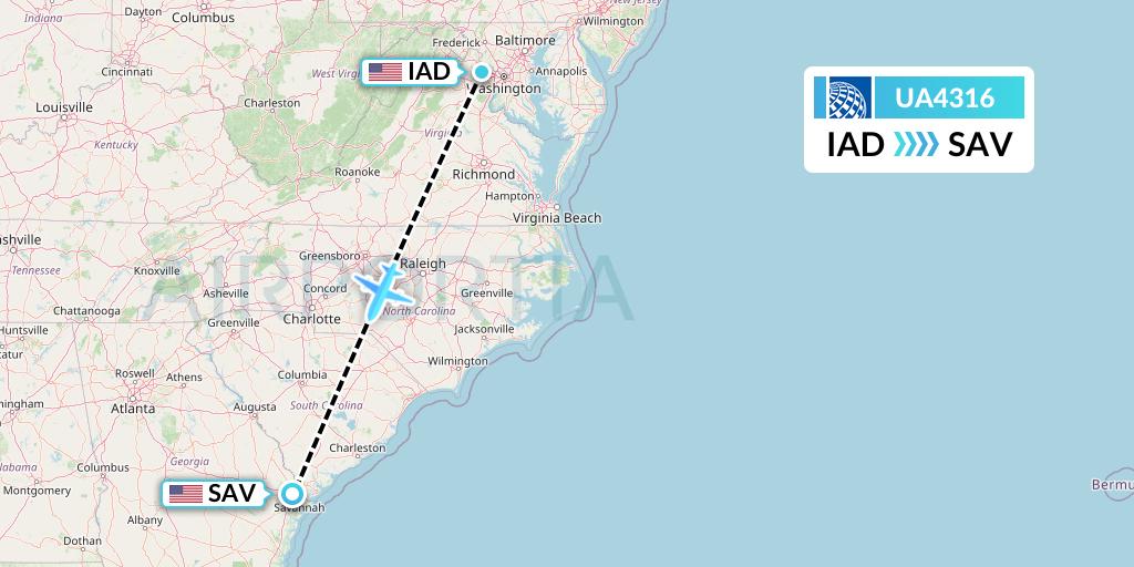 UA4316 United Airlines Flight Map: Washington to Savannah