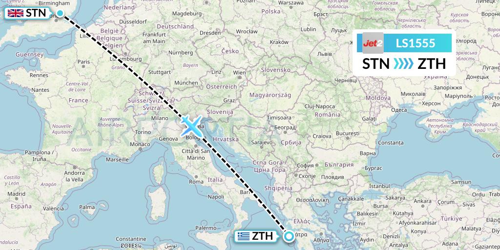 LS1555 Jet2 Flight Map: London to Zakynthos