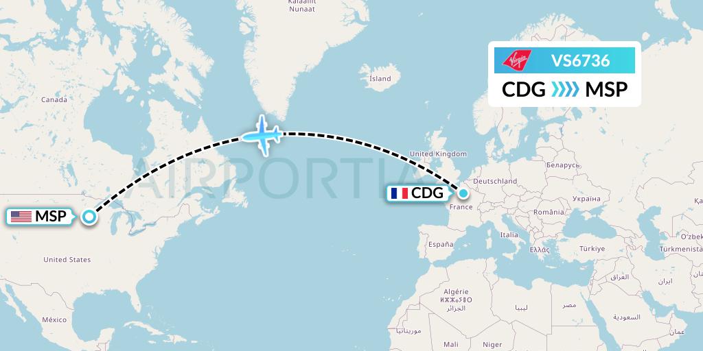 VS6736 Virgin Atlantic Airways Flight Map: Paris to Minneapolis
