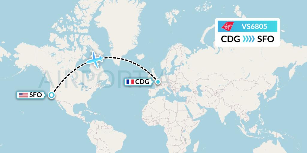 VS6805 Virgin Atlantic Airways Flight Map: Paris to San Francisco
