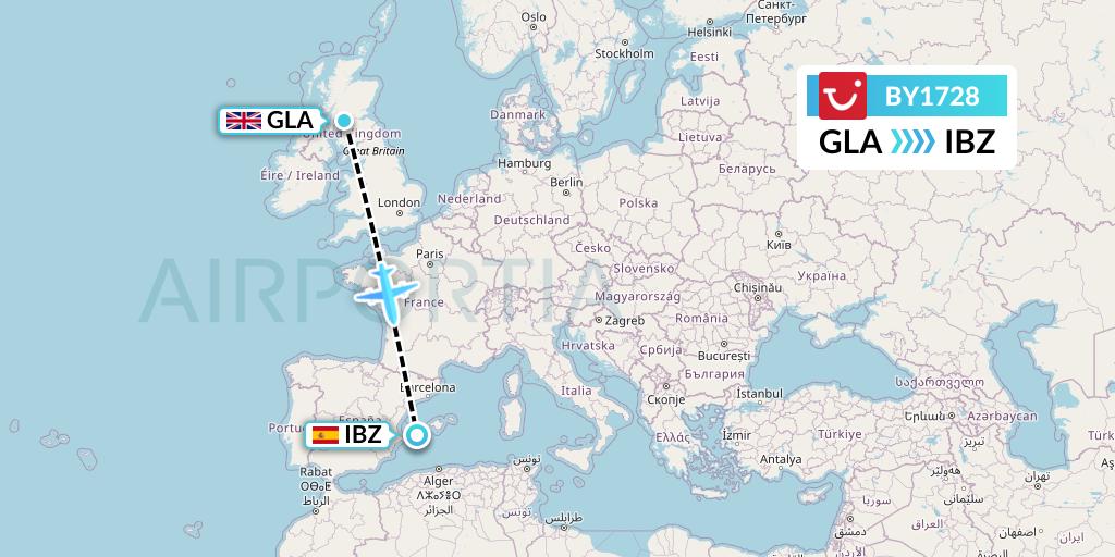BY1728 TUI Airways Flight Map: Glasgow to Ibiza
