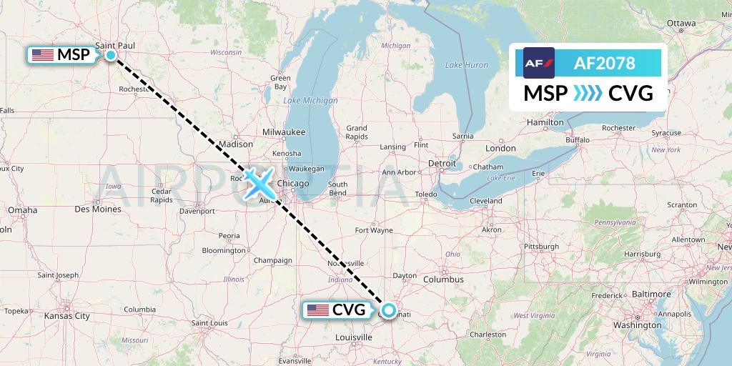 AF2078 Air France Flight Map: Minneapolis to Cincinnati