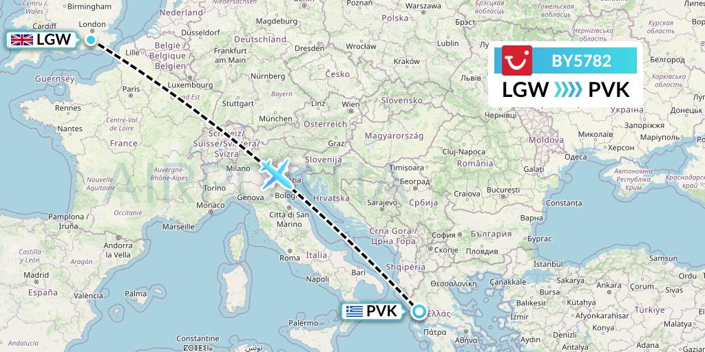 BY5782 TUI Airways Flight Map: London to Preveza