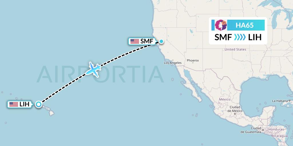HA65 Hawaiian Airlines Flight Map: Sacramento to Lihue