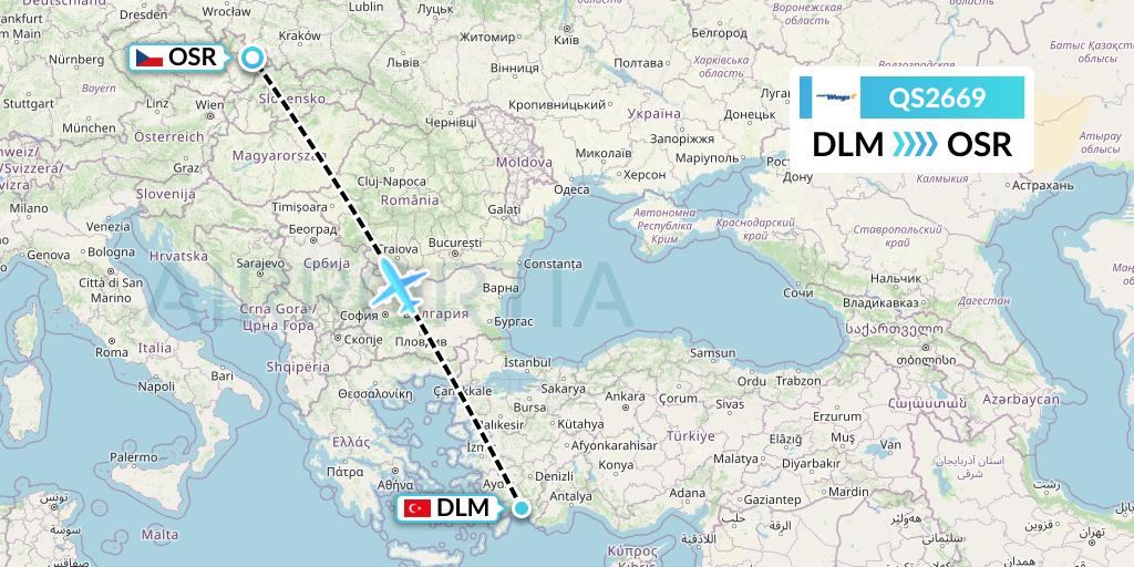 QS2669 Smartwings Flight Map: Dalaman to Ostrava