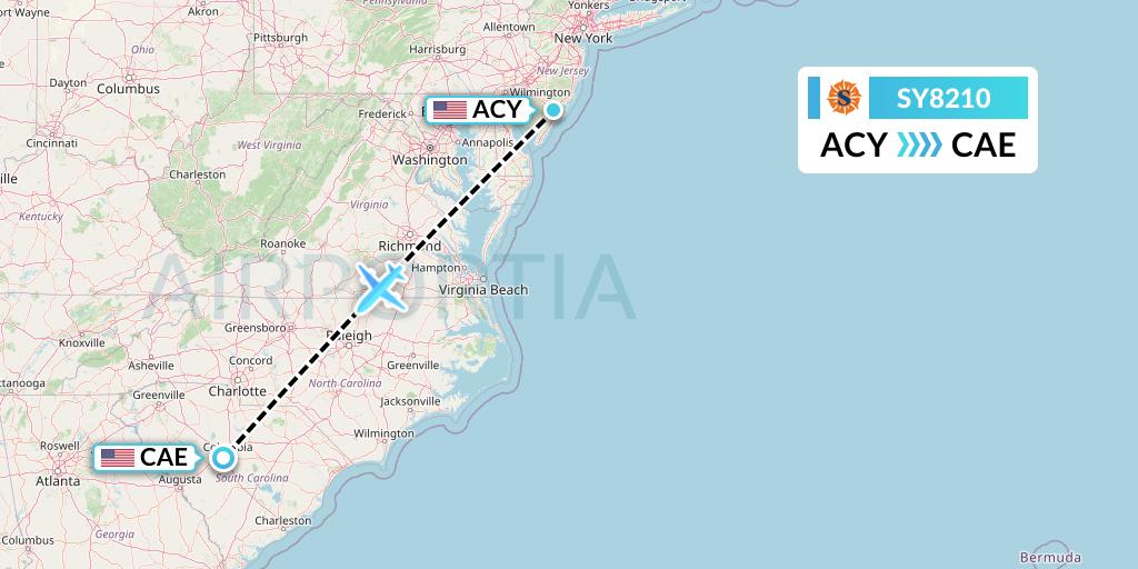 SY8210 Sun Country Airlines Flight Map: Atlantic City to Columbia