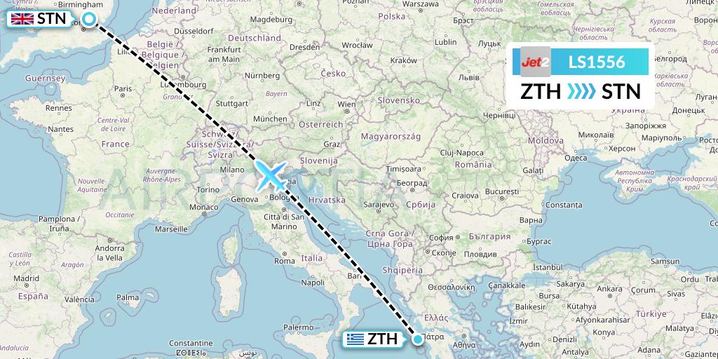 LS1556 Jet2 Flight Map: Zakynthos to London