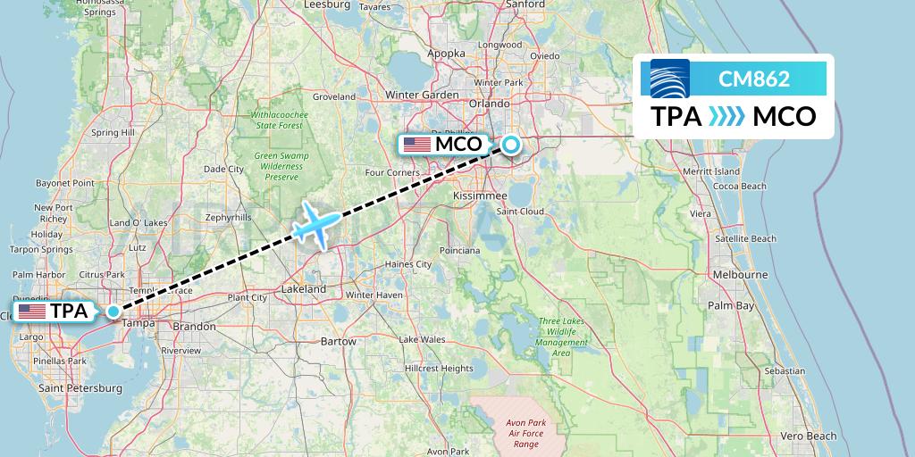 CM862 Copa Airlines Flight Map: Tampa to Orlando
