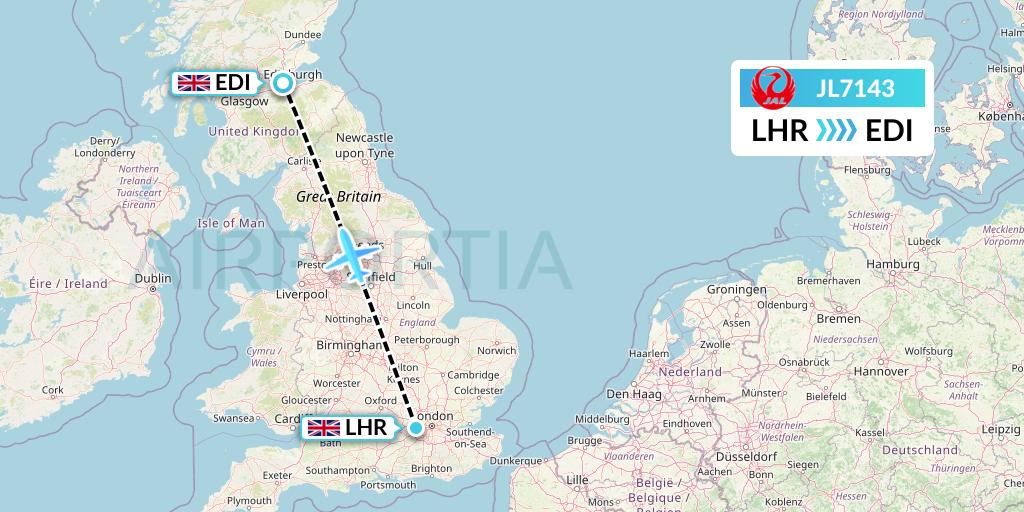 JL7143 Japan Airlines Flight Map: London to Edinburgh