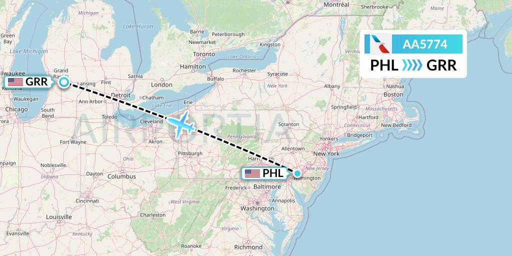 AA5774 American Airlines Flight Map: Philadelphia to Grand Rapids