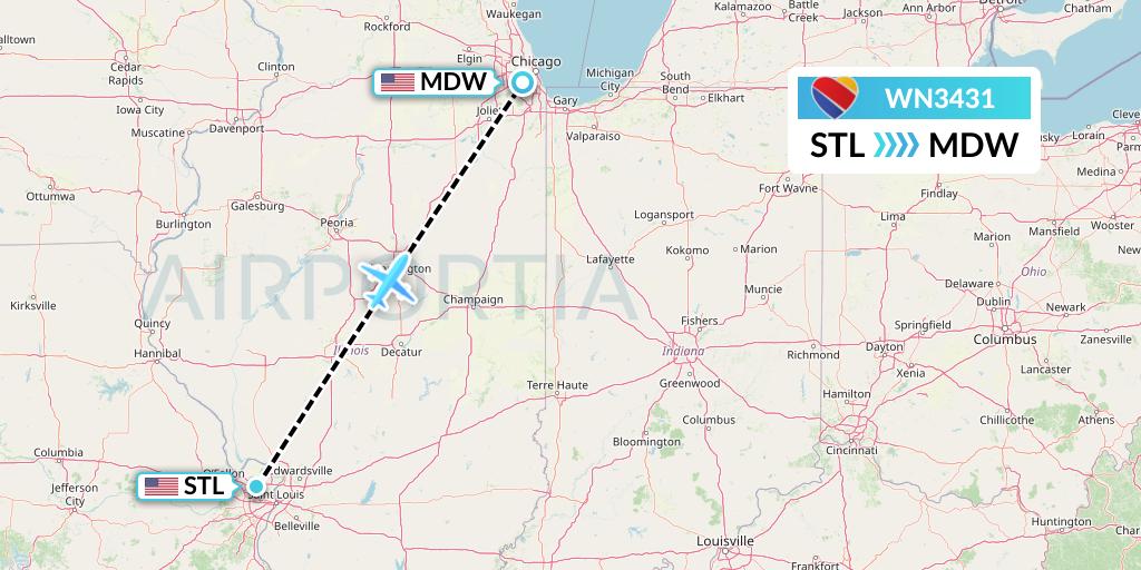 WN3431 Southwest Airlines Flight Map: St. Louis to Chicago