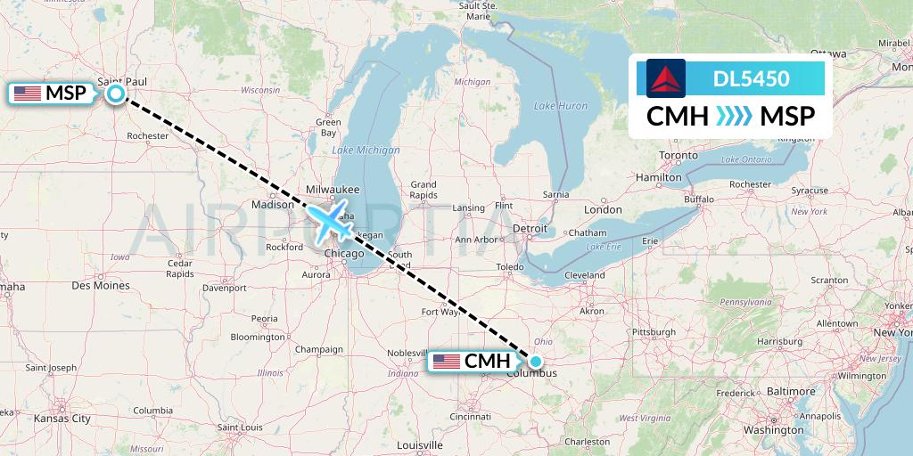 DL5450 Delta Air Lines Flight Map: Columbus to Minneapolis