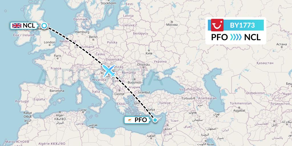 BY1773 TUI Airways Flight Map: Pafos to Newcastle