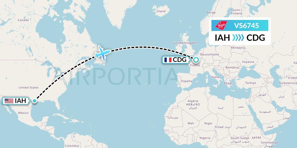 VS6745 Virgin Atlantic Airways Flight Map: Houston to Paris
