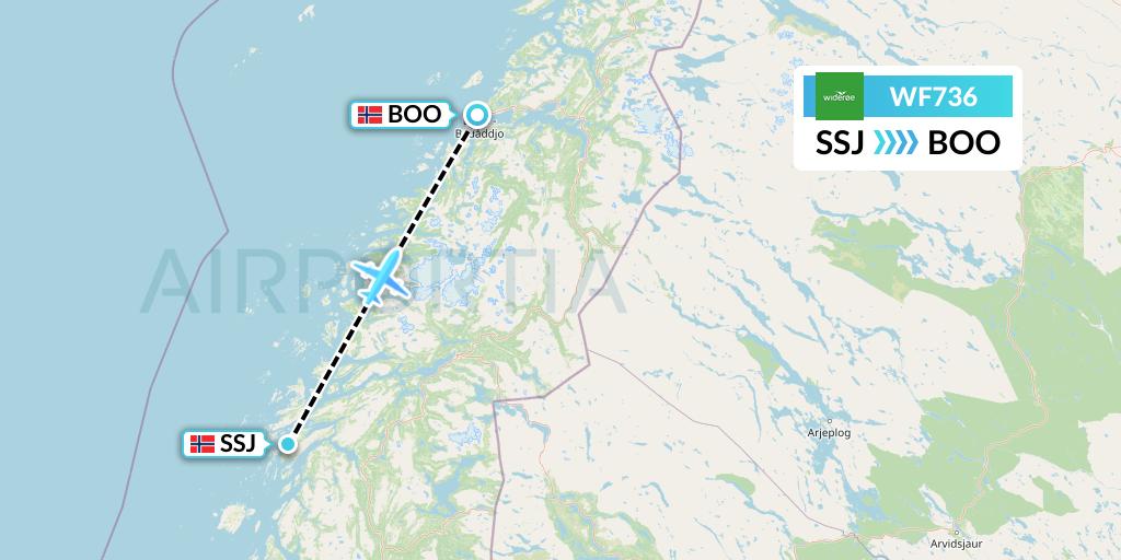 WF736 Wideroe Flight Map: Sandnessjoen to Bodo