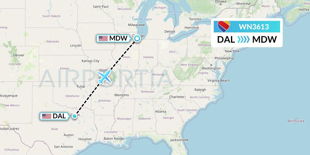 WN3613 Southwest Airlines Flight Map: Dallas to Chicago