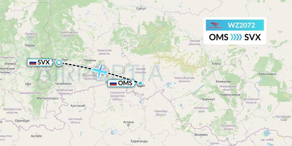WZ2072 Red Wings Flight Map: Omsk to Yekaterinburg