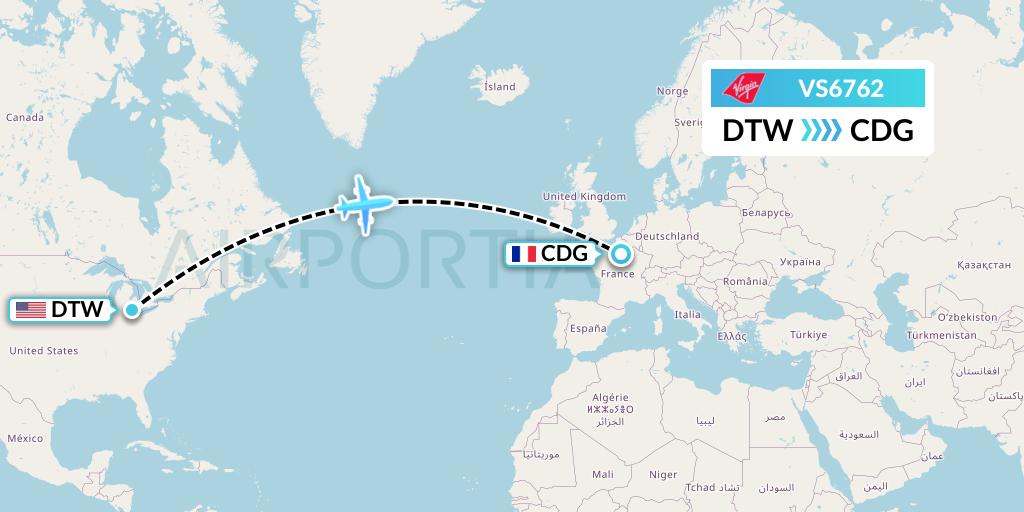 VS6762 Virgin Atlantic Airways Flight Map: Detroit to Paris