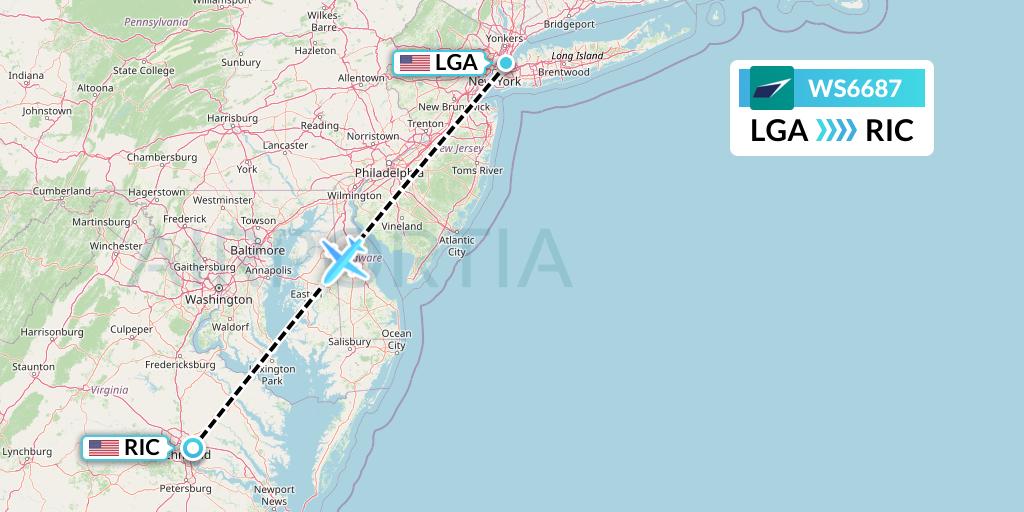 WS6687 WestJet Flight Map: New York to Richmond