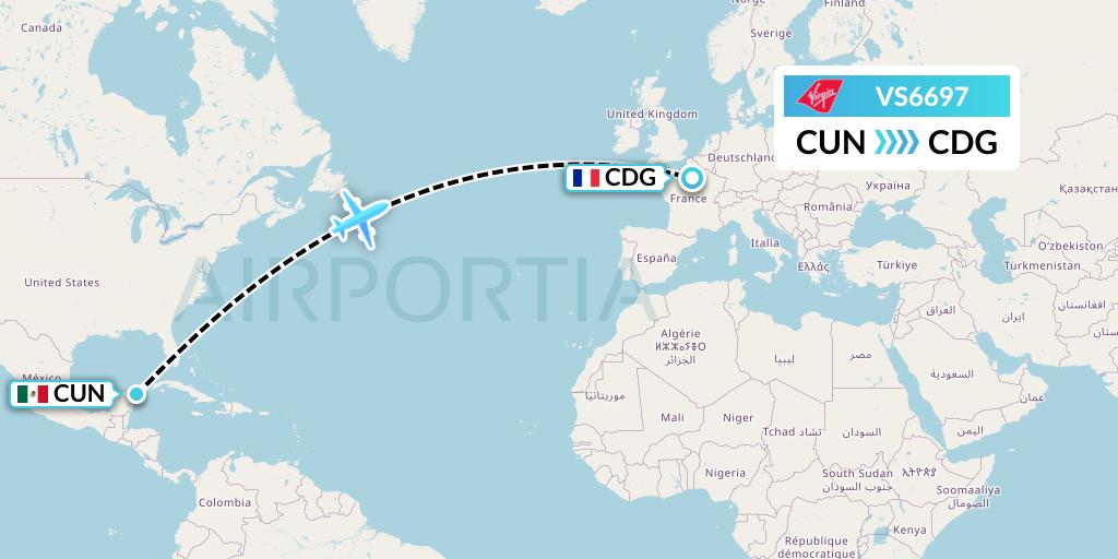 VS6697 Virgin Atlantic Airways Flight Map: Cancun to Paris