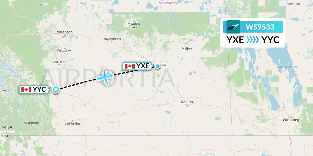 WS9533 WestJet Flight Map: Saskatoon to Calgary