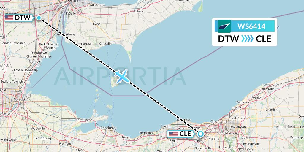 WS6414 WestJet Flight Map: Detroit to Cleveland