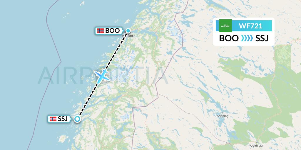 WF721 Wideroe Flight Map: Bodo to Sandnessjoen
