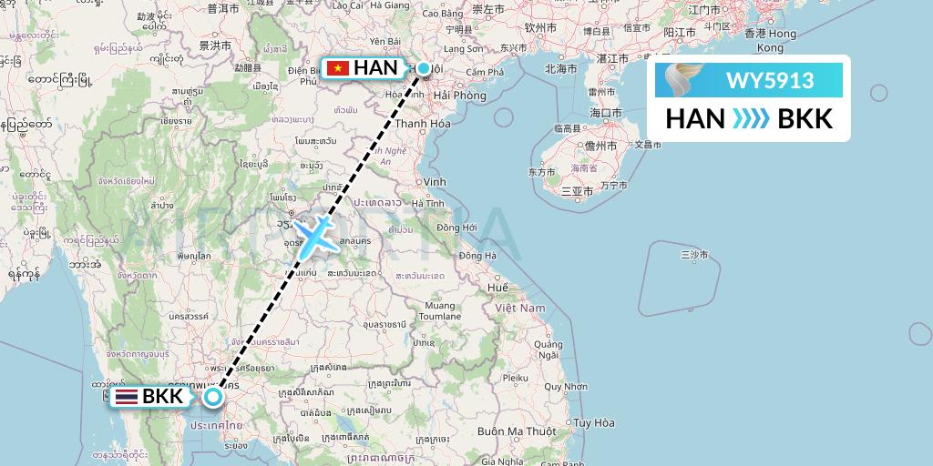 WY5913 Oman Air Flight Map: Hanoi to Bangkok