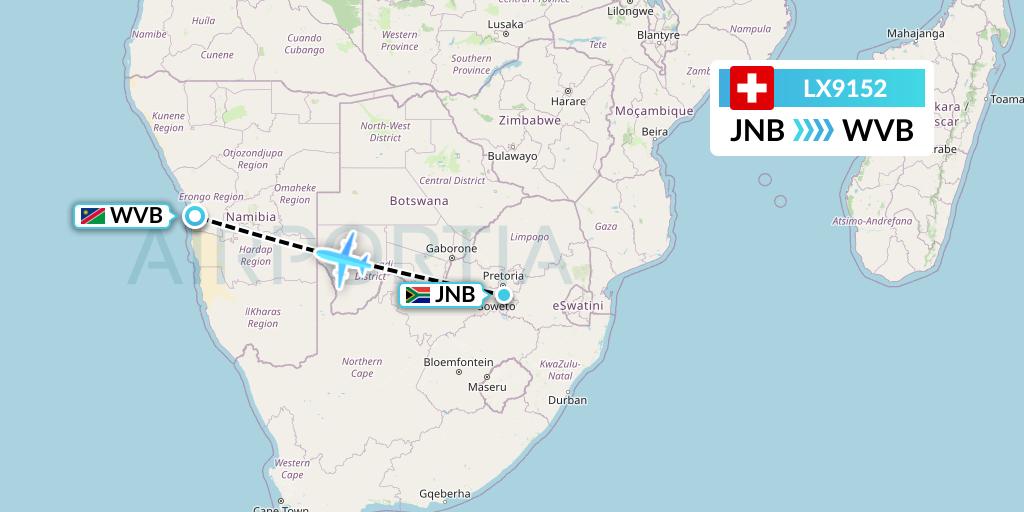LX9152 Swiss Flight Map: Johannesburg to Walvis Bay