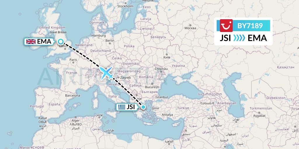 BY7189 TUI Airways Flight Map: Skiathos to East Midlands