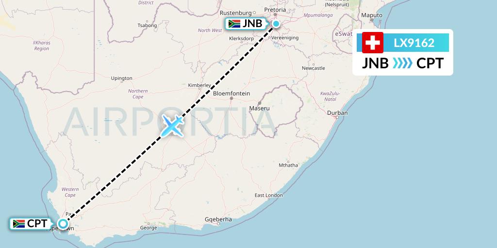 LX9162 Swiss Flight Map: Johannesburg to Cape Town
