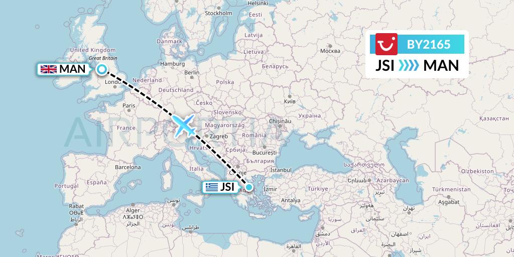BY2165 TUI Airways Flight Map: Skiathos to Manchester