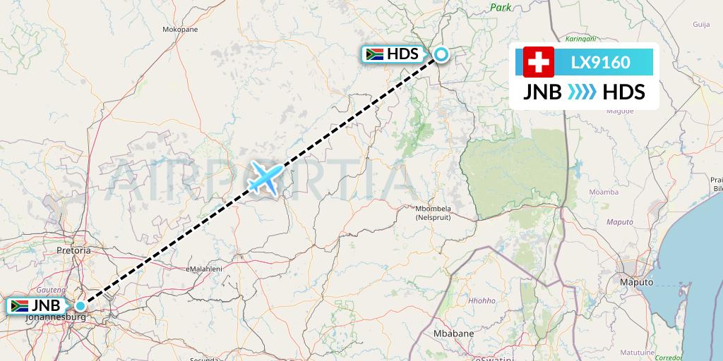 LX9160 Swiss Flight Map: Johannesburg to Hoedspruit