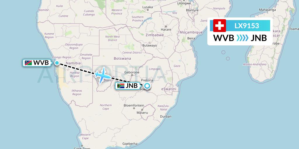 LX9153 Swiss Flight Map: Walvis Bay to Johannesburg