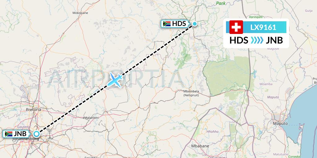 LX9161 Swiss Flight Map: Hoedspruit to Johannesburg