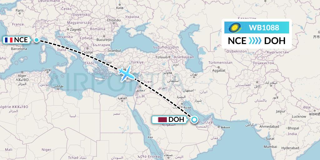WB1088 RwandAir Flight Map: Nice to Doha