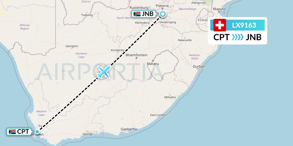 LX9163 Swiss Flight Map: Cape Town to Johannesburg