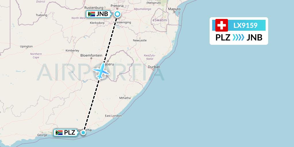 LX9159 Swiss Flight Map: Port Elizabeth to Johannesburg