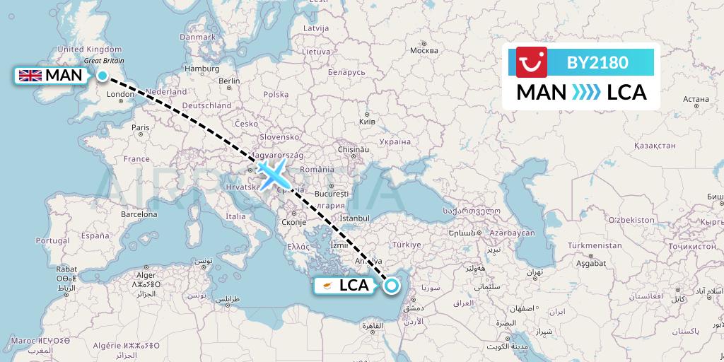 BY2180 TUI Airways Flight Map: Manchester to Larnaca