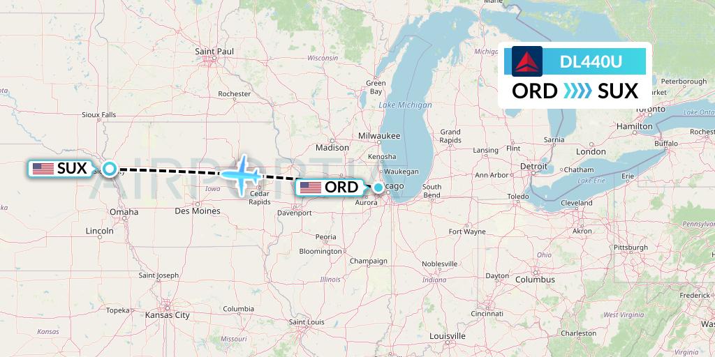 DL440U Delta Air Lines Flight Map: Chicago to Sioux City