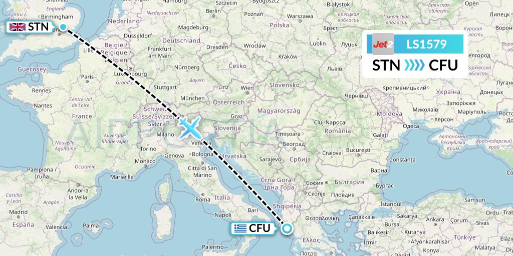LS1579 Jet2 Flight Map: London to Corfu