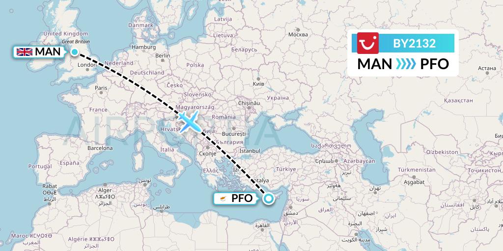 BY2132 TUI Airways Flight Map: Manchester to Pafos