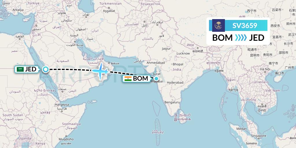 SV3659 Saudi Arabian Airlines Flight Map: Mumbai to Jeddah