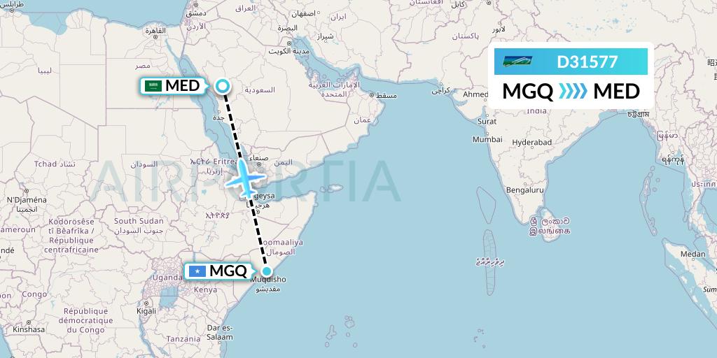 D31577 Daallo Airlines Flight Map: Mogadishu to Medina
