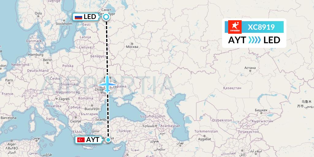 XC8919 Corendon Airlines Flight Map: Antalya to St. Petersburg