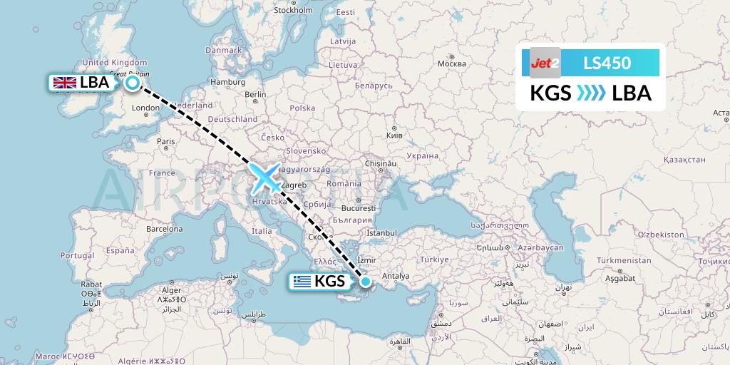 LS450 Jet2 Flight Map: Kos to Leeds