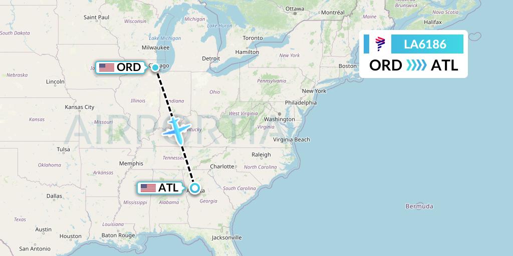 LA6186 LAN Airlines Flight Map: Chicago to Atlanta