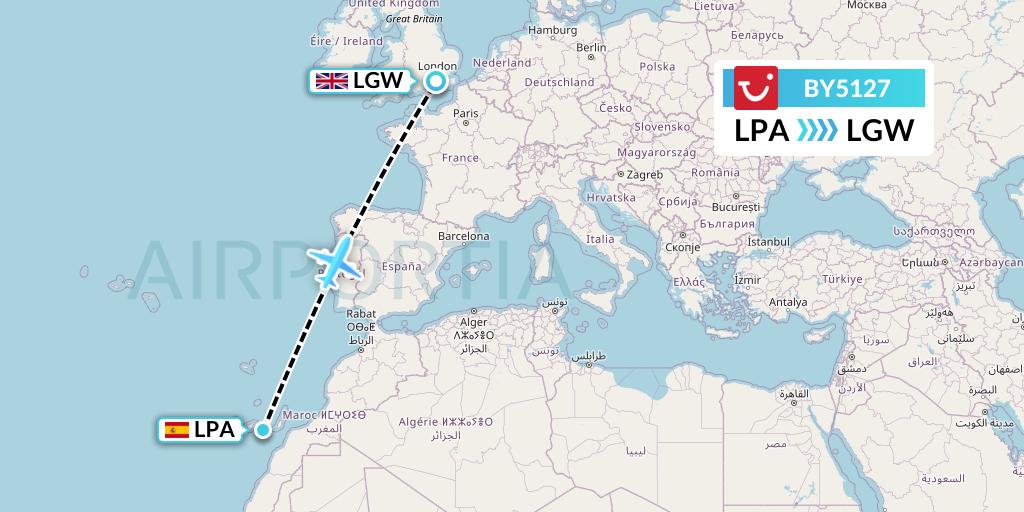 BY5127 TUI Airways Flight Map: Las Palmas to London