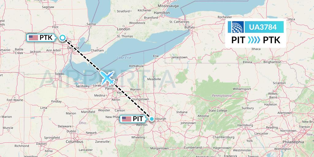 UA3784 United Airlines Flight Map: Pittsburgh to Oakland County