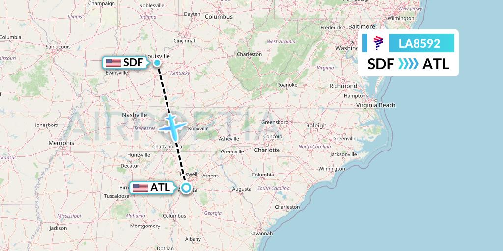 LA8592 LAN Airlines Flight Map: Louisville to Atlanta